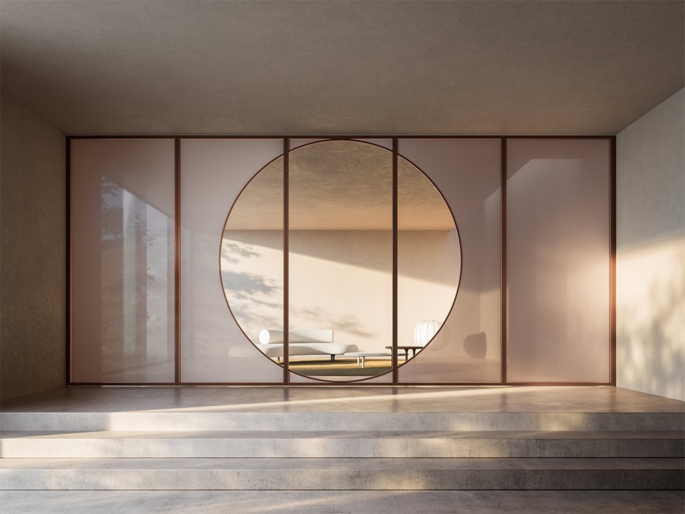 Parete in vetro composta da porte che formano un motivo circolare nel mezzo